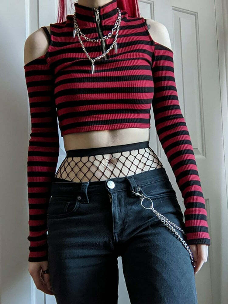 Y2K Dark Grunge E-Girl Striped Crop Top - 90s Fashion, Y2K Summer Outfits, Retro Style