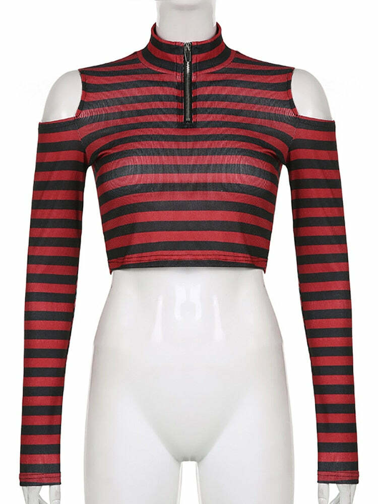 Y2K Dark Grunge E-Girl Striped Crop Top - 90s Fashion, Y2K Summer Outfits, Retro Style