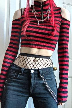 Y2K Dark Grunge E-Girl Striped Crop Top - 90s Fashion, Y2K Summer Outfits, Retro Style