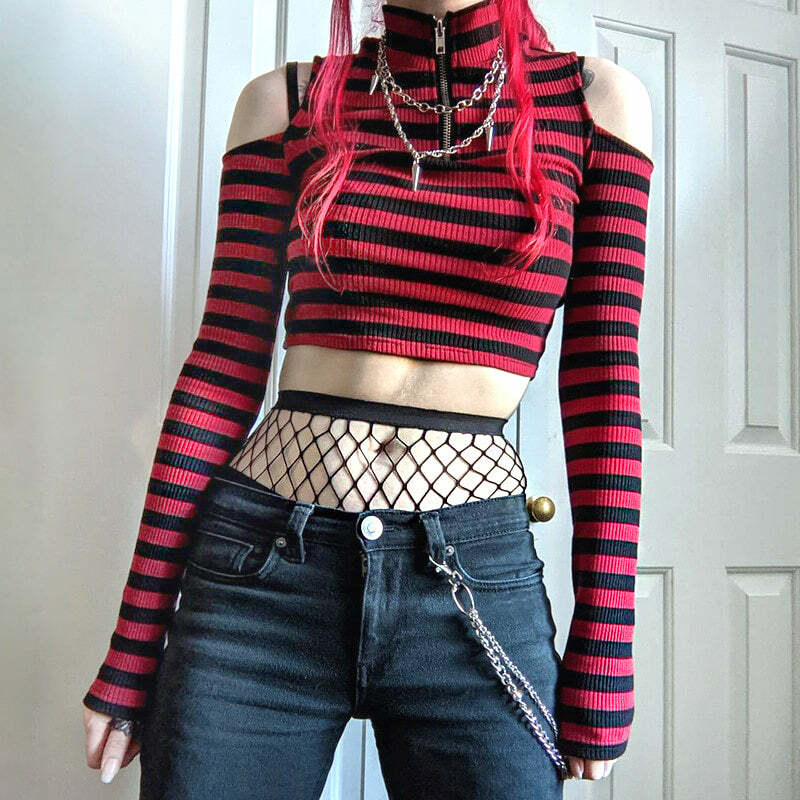 Y2K Dark Grunge E-Girl Striped Crop Top - 90s Fashion, Y2K Summer Outfits, Retro Style