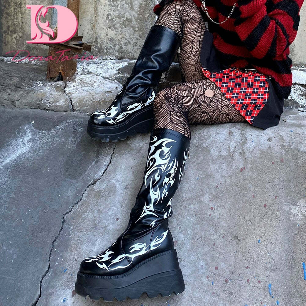 Y2K Dark Grunge Gothic eGirl Tribal Boots - Retro 90s Fashion, Y2K Summer & Party Outfits