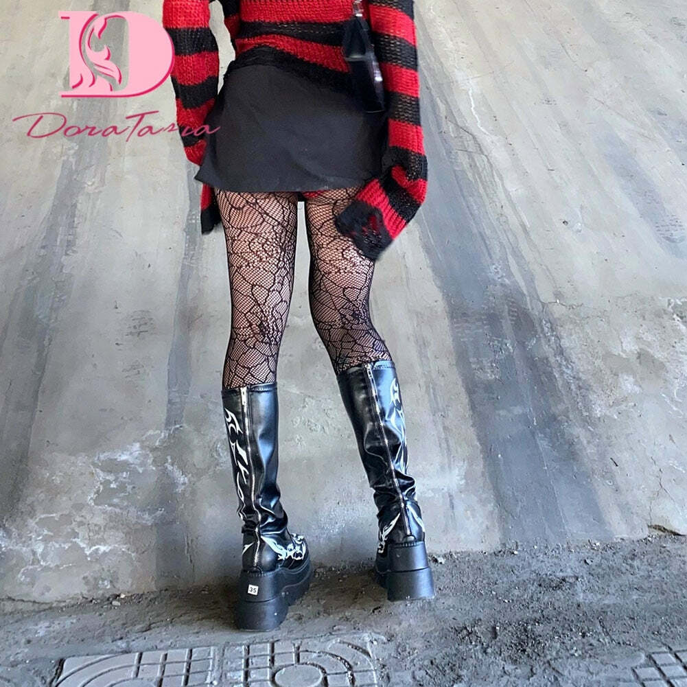 Y2K Dark Grunge Gothic eGirl Tribal Boots - Retro 90s Fashion, Y2K Summer & Party Outfits