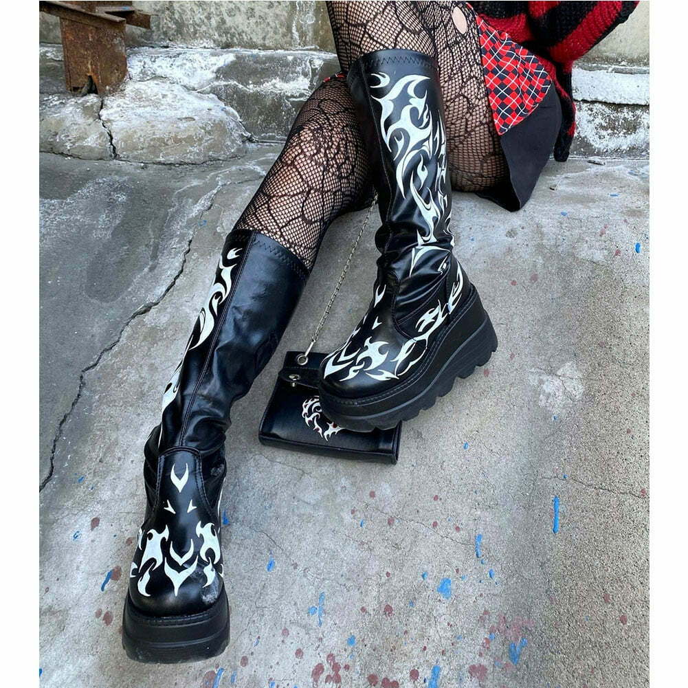 Y2K Dark Grunge Gothic eGirl Tribal Boots - Retro 90s Fashion, Y2K Summer & Party Outfits