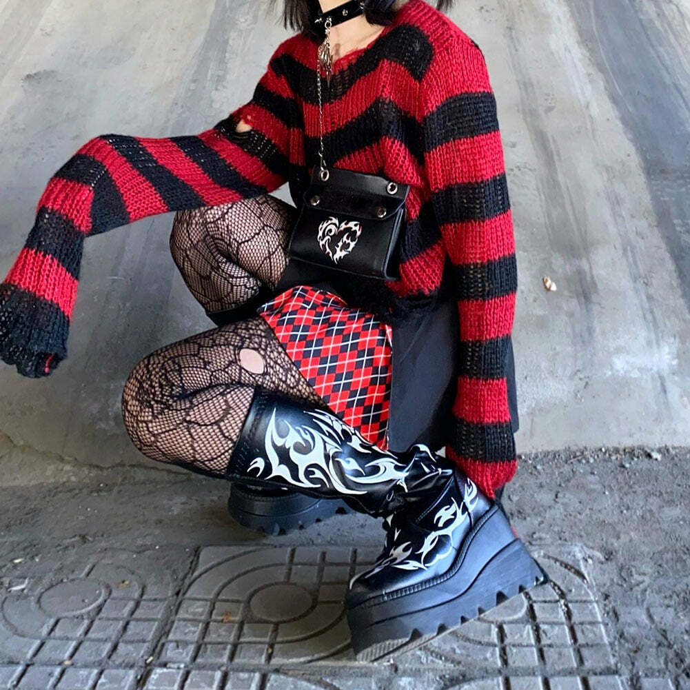 Y2K Dark Grunge Gothic eGirl Tribal Boots - Retro 90s Fashion, Y2K Summer & Party Outfits