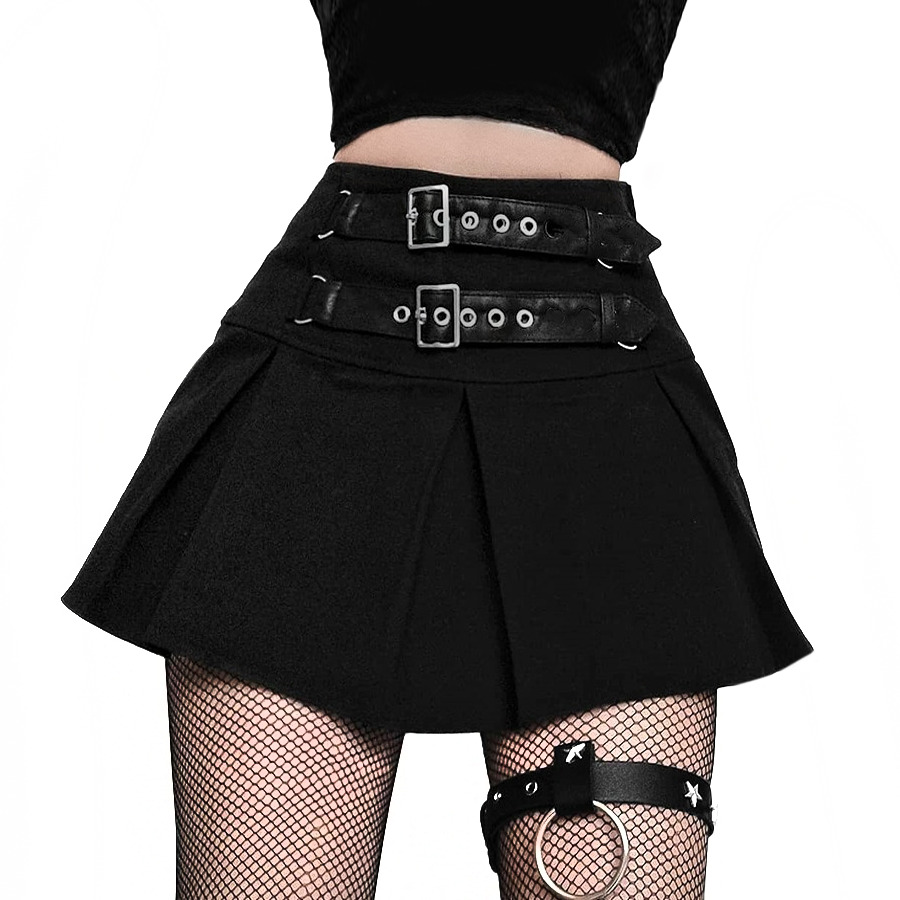Y2K Dark Grunge Pleated Mini Skirt with Double Straps - 90s Retro Summer Outfit