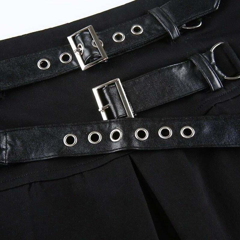 Y2K Dark Grunge Pleated Mini Skirt with Double Straps - 90s Retro Summer Outfit