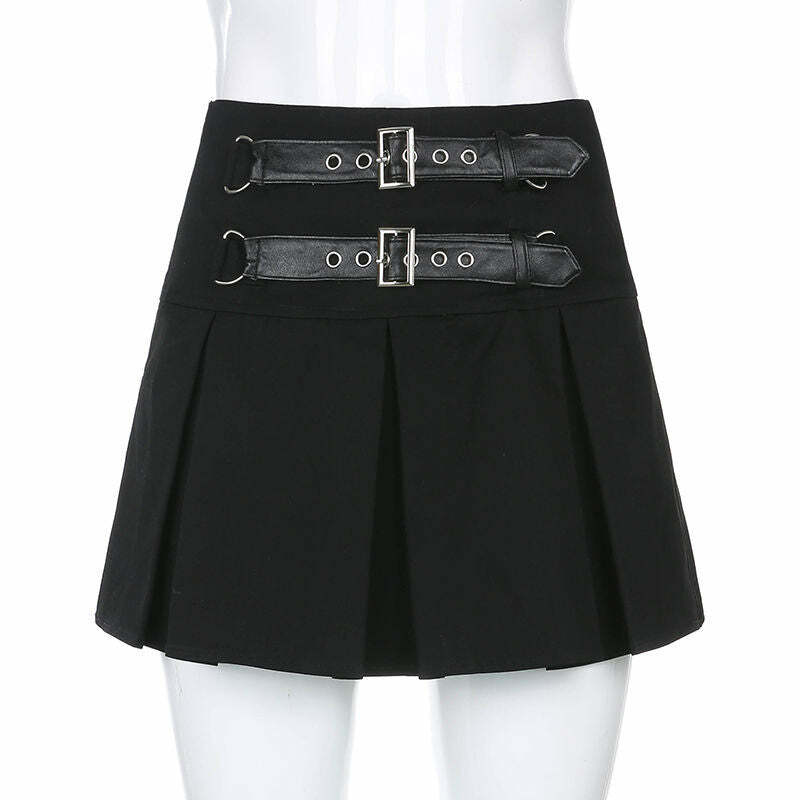 Y2K Dark Grunge Pleated Mini Skirt with Double Straps - 90s Retro Summer Outfit