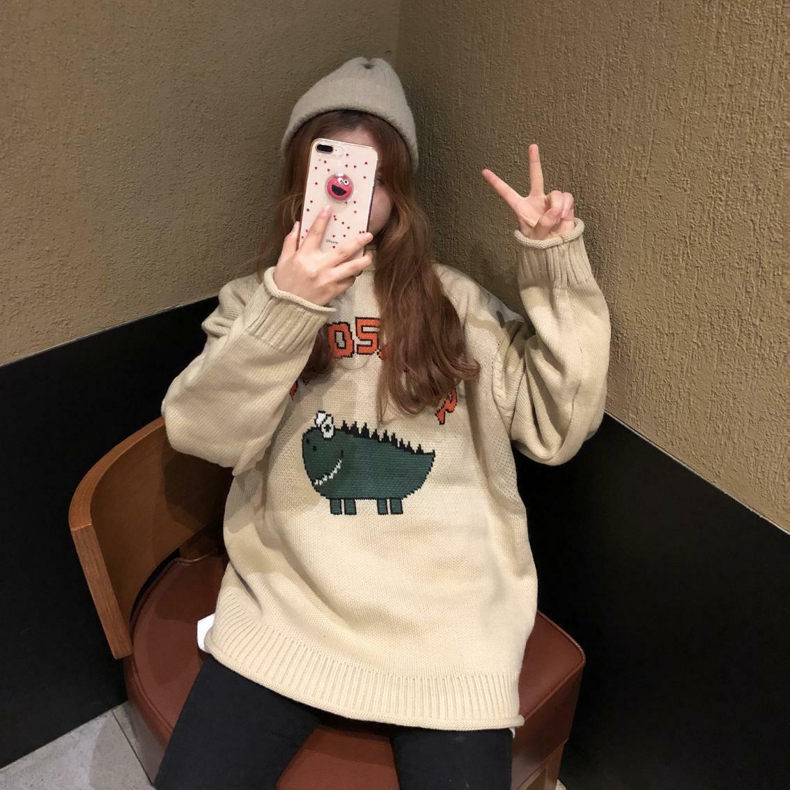 Y2K Dinosaur Sweater - Retro 90s Grunge, Pastel Goth, and Summer Y2K Fashion for Women