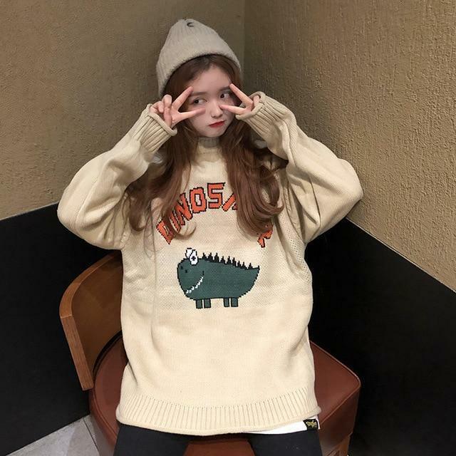 Y2K Dinosaur Sweater - Retro 90s Grunge, Pastel Goth, and Summer Y2K Fashion for Women