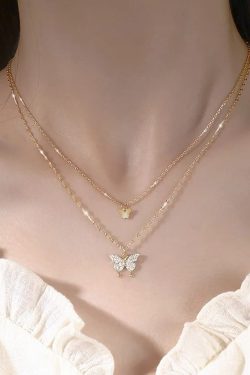 Y2K Double Butterfly Necklace - Retro 90s Grunge, Pastel Goth, Y2K Popstar, Summer Y2K Fashion