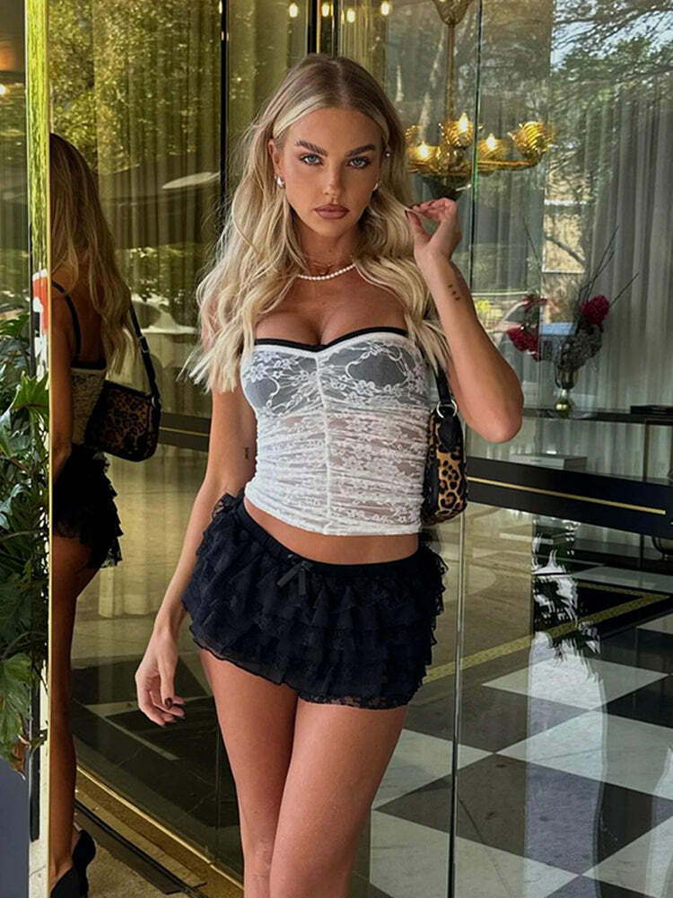 Y2K Double Layer Lace Top - Retro 90s Grunge, Summer Y2K Outfits, Pastel Goth Fashion
