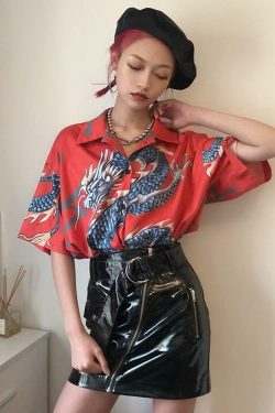Y2K Dragon Buttoned Shirt - Retro 90s Grunge, Summer Y2K Outfits, Pastel Goth Fashion