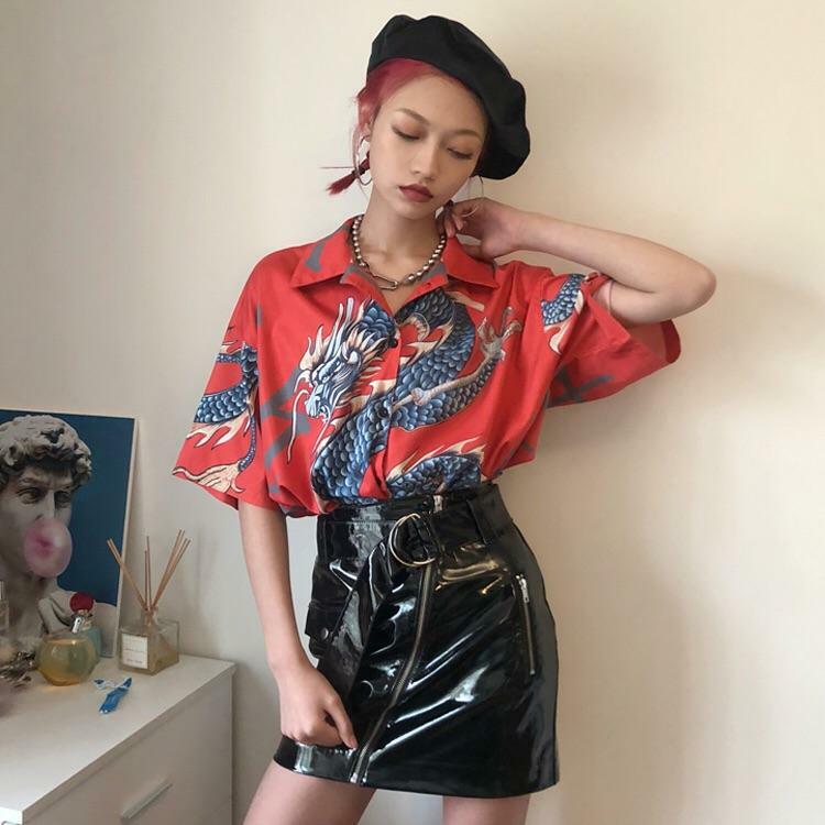 Y2K Dragon Buttoned Shirt - Retro 90s Grunge, Summer Y2K Outfits, Pastel Goth Fashion