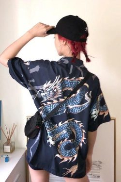 Y2K Dragon Buttoned Shirt - Retro 90s Grunge, Summer Y2K Outfits, Pastel Goth Fashion