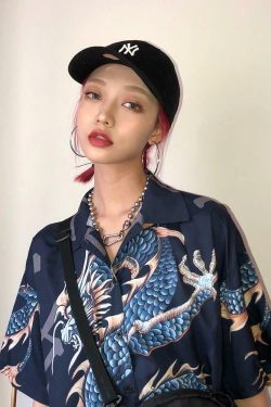 Y2K Dragon Buttoned Shirt - Retro 90s Grunge, Summer Y2K Outfits, Pastel Goth Fashion