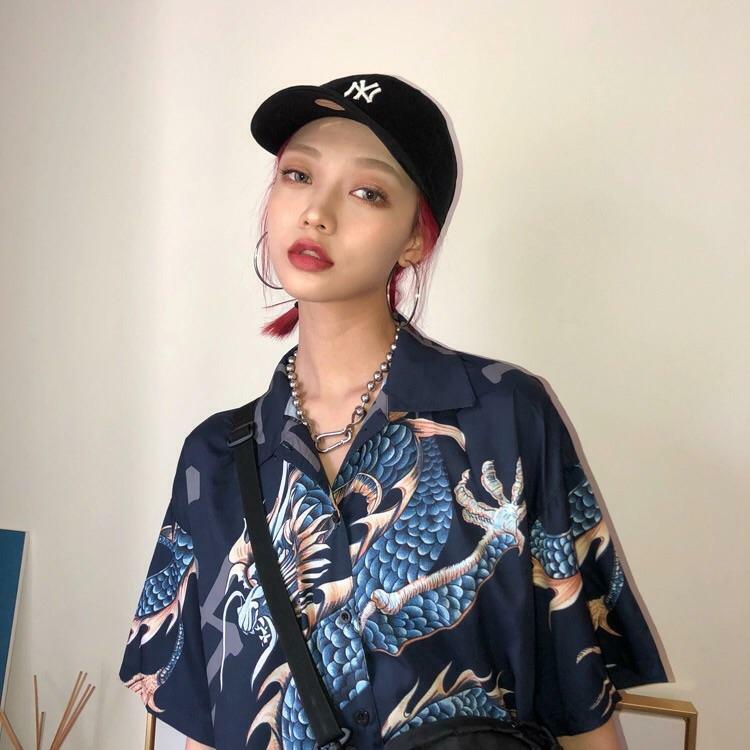 Y2K Dragon Buttoned Shirt - Retro 90s Grunge, Summer Y2K Outfits, Pastel Goth Fashion