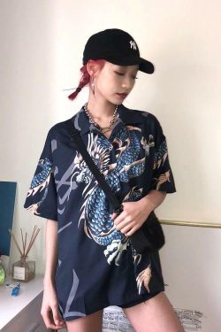 Y2K Dragon Buttoned Shirt - Retro 90s Grunge, Summer Y2K Outfits, Pastel Goth Fashion