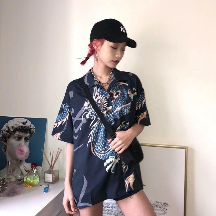 Y2K Dragon Buttoned Shirt - Retro 90s Grunge, Summer Y2K Outfits, Pastel Goth Fashion