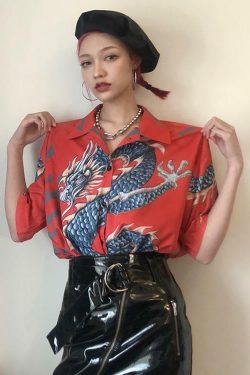 Y2K Dragon Buttoned Shirt - Retro 90s Grunge, Summer Y2K Outfits, Pastel Goth Fashion