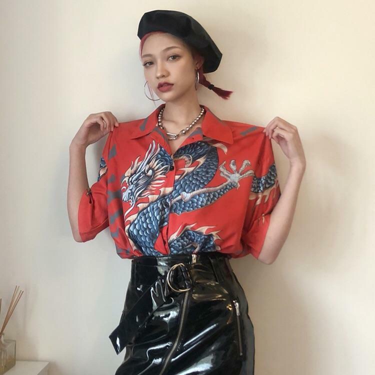 Y2K Dragon Buttoned Shirt - Retro 90s Grunge, Summer Y2K Outfits, Pastel Goth Fashion