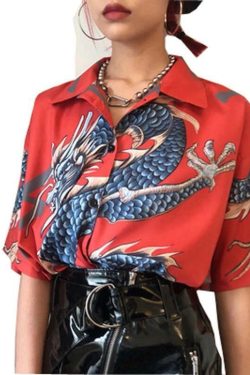Y2K Dragon Buttoned Shirt - Retro 90s Grunge, Summer Y2K Outfits, Pastel Goth Fashion