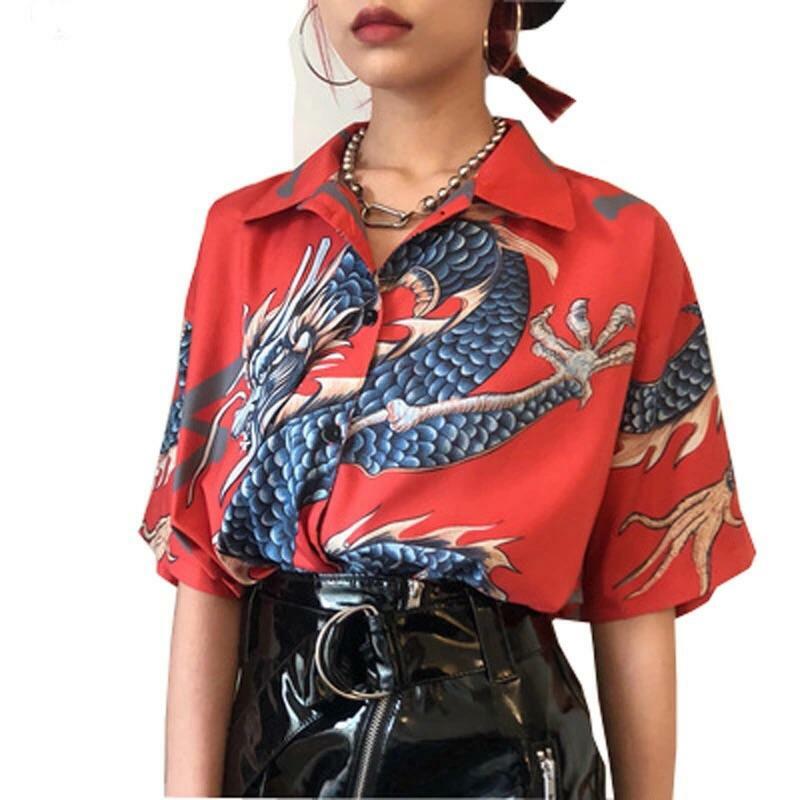 Y2K Dragon Buttoned Shirt - Retro 90s Grunge, Summer Y2K Outfits, Pastel Goth Fashion