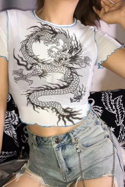 Y2K Dragon Mesh Crop Top - 90s Grunge, Retro Summer, Party & Club Outfits for Women