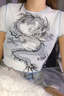 Y2K Dragon Mesh Crop Top - 90s Grunge, Retro Summer, Party & Club Outfits for Women