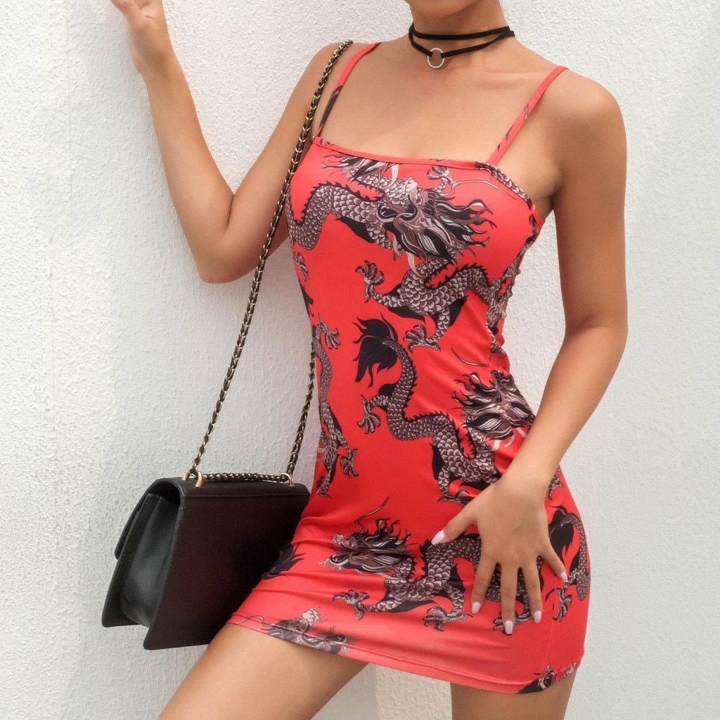 Y2K Dragon Print Mini Dress - 90s Grunge, Retro Summer Outfit, Y2K Party & Club Fashion