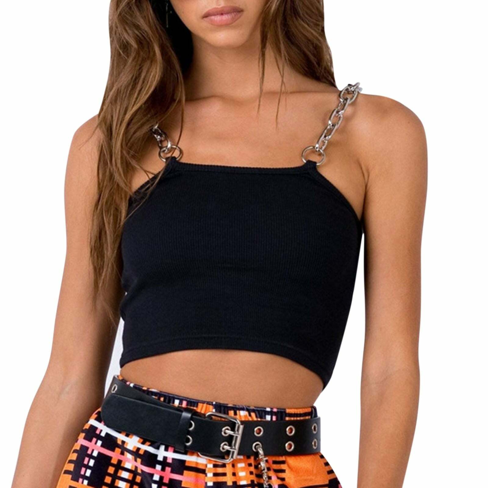 Y2K E-Girl Black Top with Metal Chain Straps - Grunge, 90s, Retro, Gothic, Summer Fashion