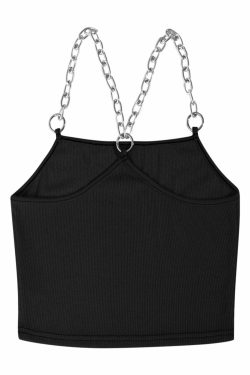 Y2K E-Girl Black Top with Metal Chain Straps - Grunge, 90s, Retro, Gothic, Summer Fashion