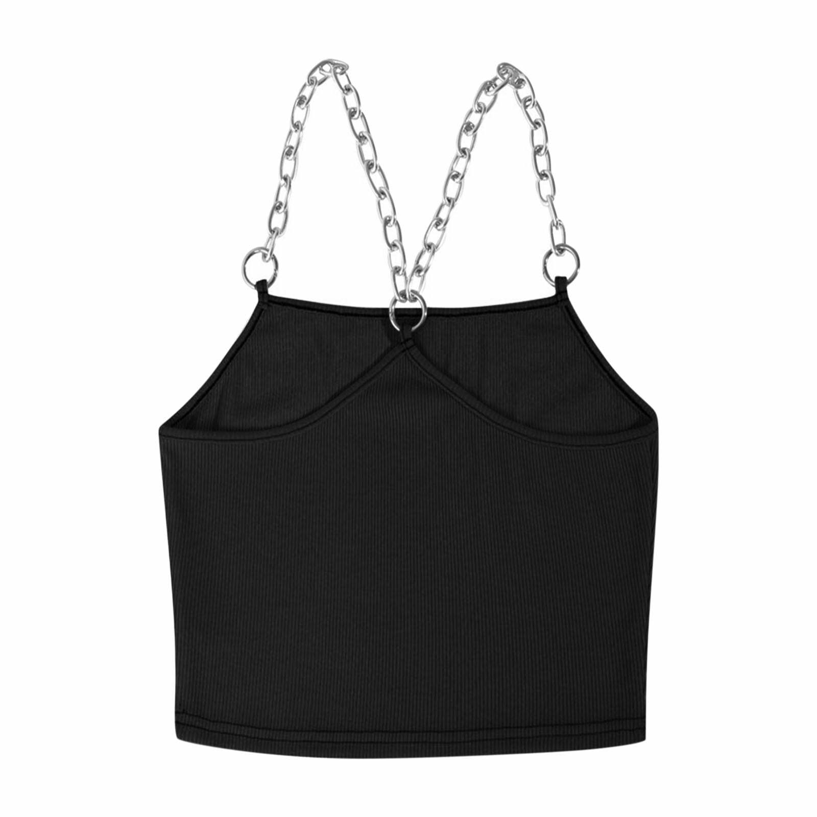 Y2K E-Girl Black Top with Metal Chain Straps - Grunge, 90s, Retro, Gothic, Summer Fashion