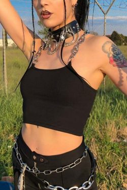 Y2K E-Girl Black Top with Metal Chain Straps - Grunge, 90s, Retro, Gothic, Summer Fashion