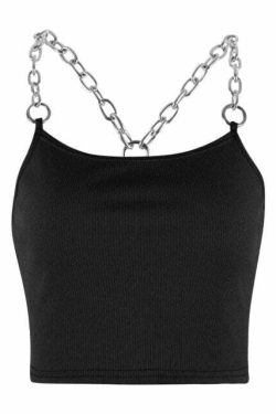 Y2K E-Girl Black Top with Metal Chain Straps - Grunge, 90s, Retro, Gothic, Summer Fashion