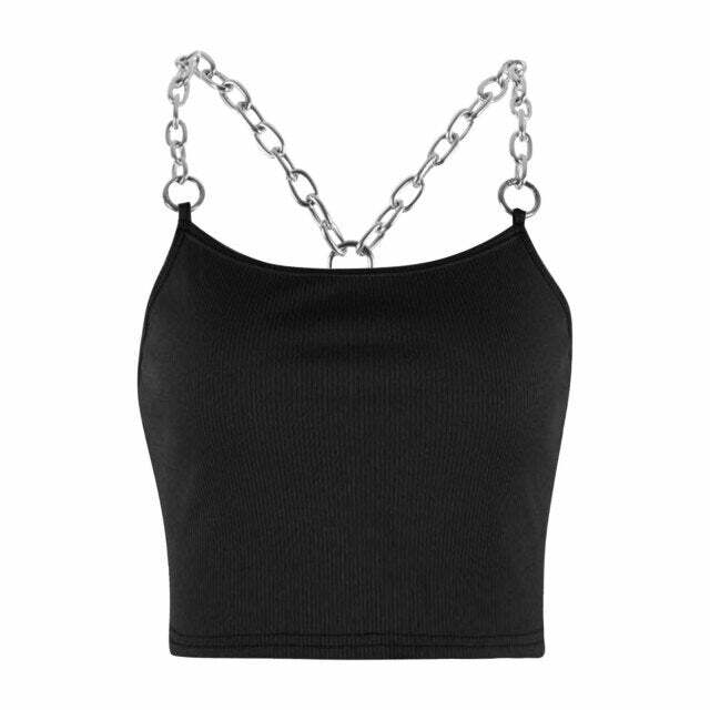 Y2K E-Girl Black Top with Metal Chain Straps - Grunge, 90s, Retro, Gothic, Summer Fashion