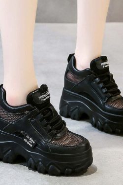 Y2K Egirl Black Mesh Platform Sneakers - Retro 90s Grunge, Y2K Summer & Party Outfits