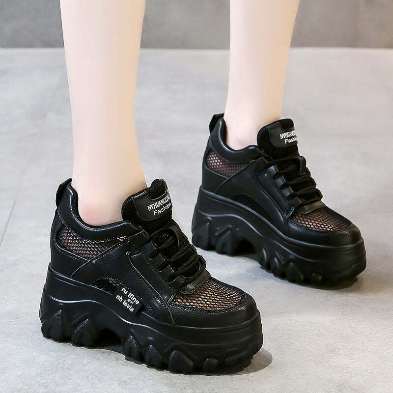 Y2K Egirl Black Mesh Platform Sneakers - Retro 90s Grunge, Y2K Summer & Party Outfits