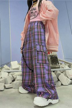 Y2K Egirl Punk Purple Plaid Cargo Pants - 90s Grunge Summer Outfit, Retro Y2K Fashion