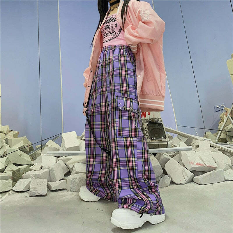 Y2K Egirl Punk Purple Plaid Cargo Pants - 90s Grunge Summer Outfit, Retro Y2K Fashion