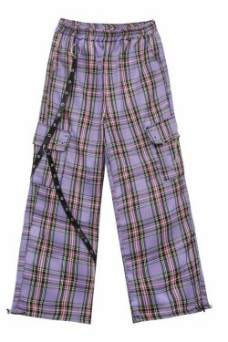 Y2K Egirl Punk Purple Plaid Cargo Pants - 90s Grunge Summer Outfit, Retro Y2K Fashion
