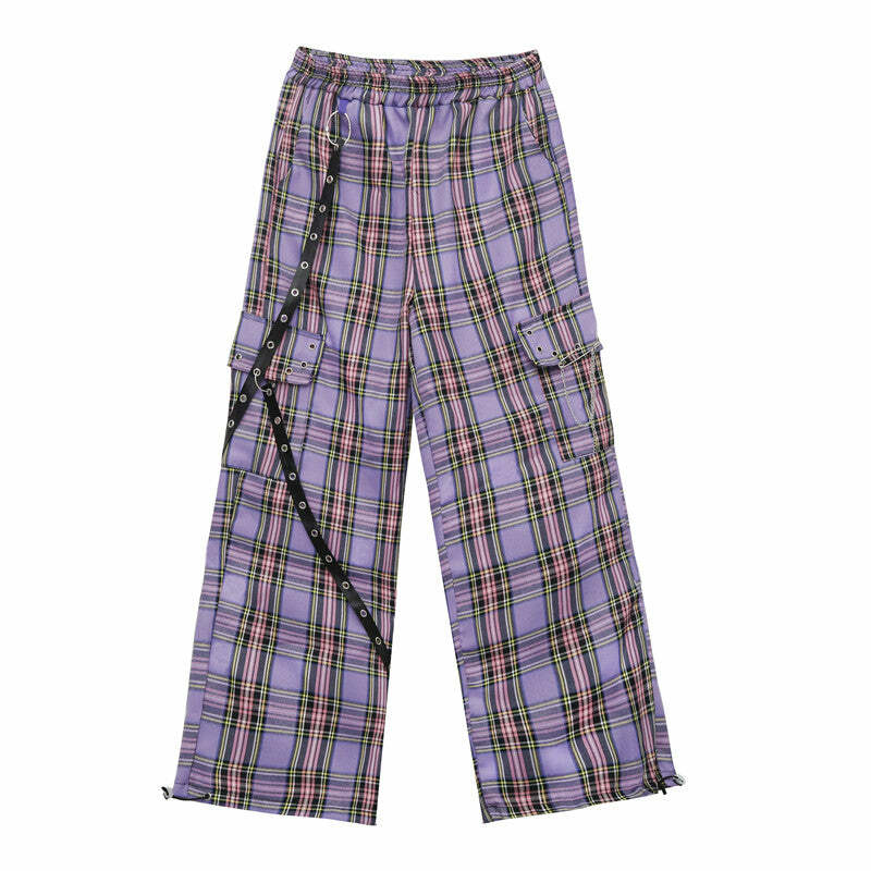 Y2K Egirl Punk Purple Plaid Cargo Pants - 90s Grunge Summer Outfit, Retro Y2K Fashion