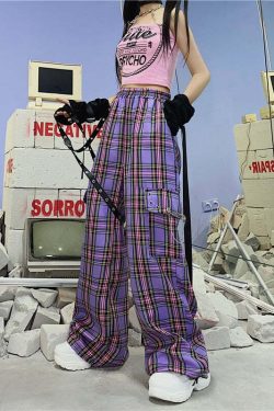 Y2K Egirl Punk Purple Plaid Cargo Pants - 90s Grunge Summer Outfit, Retro Y2K Fashion