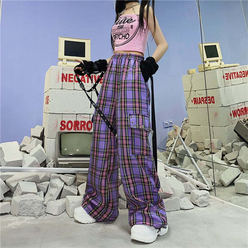 Y2K Egirl Punk Purple Plaid Cargo Pants - 90s Grunge Summer Outfit, Retro Y2K Fashion