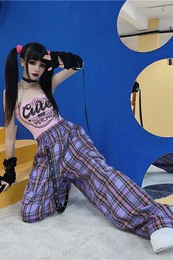 Y2K Egirl Punk Purple Plaid Cargo Pants - 90s Grunge Summer Outfit, Retro Y2K Fashion