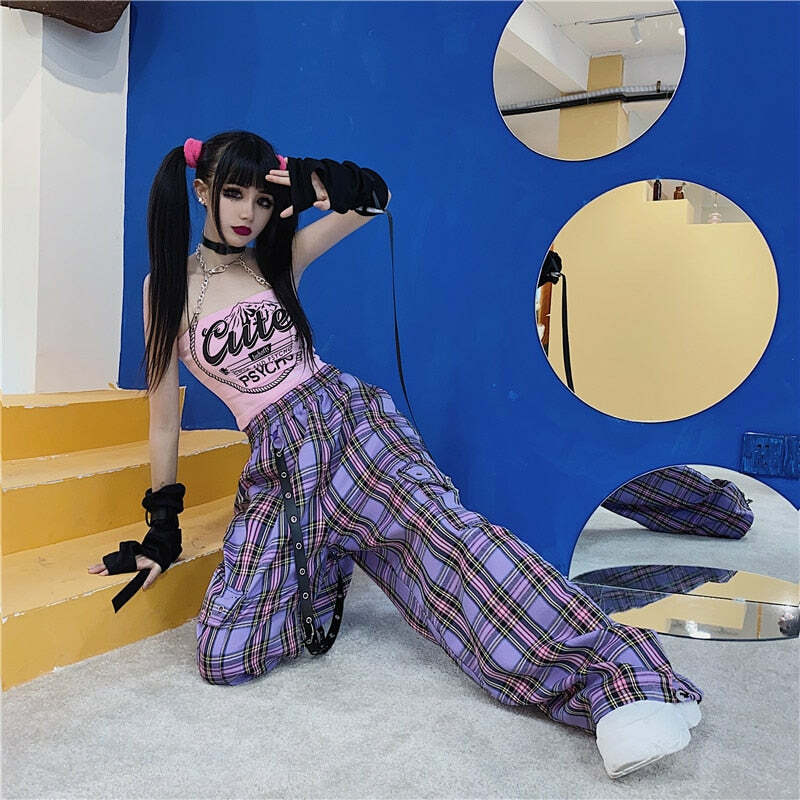 Y2K Egirl Punk Purple Plaid Cargo Pants - 90s Grunge Summer Outfit, Retro Y2K Fashion