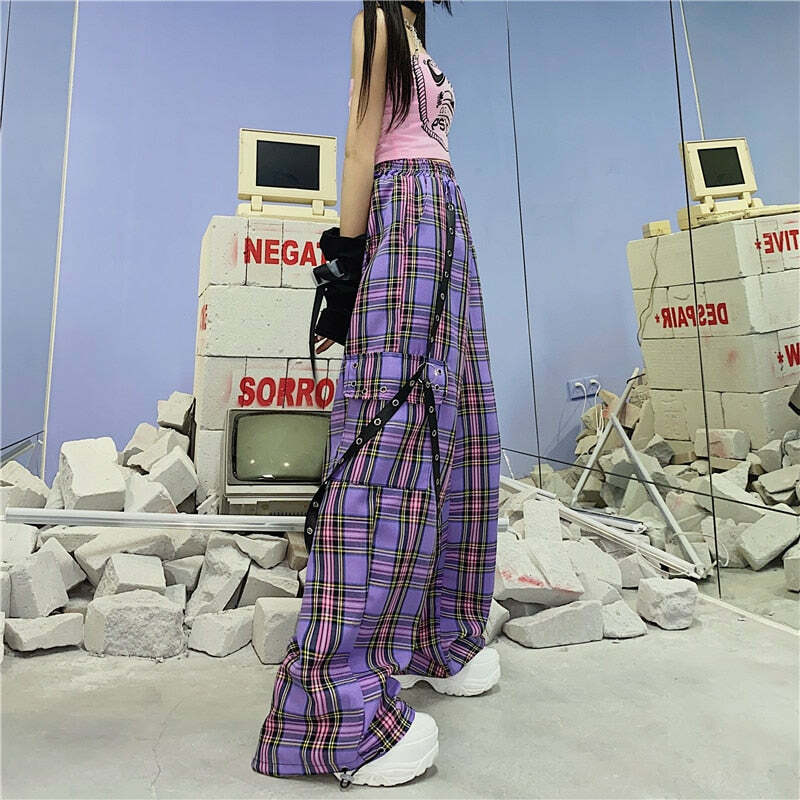Y2K Egirl Punk Purple Plaid Cargo Pants - 90s Grunge Summer Outfit, Retro Y2K Fashion