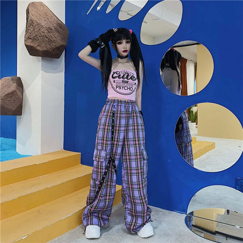 Y2K Egirl Punk Purple Plaid Cargo Pants - 90s Grunge Summer Outfit, Retro Y2K Fashion