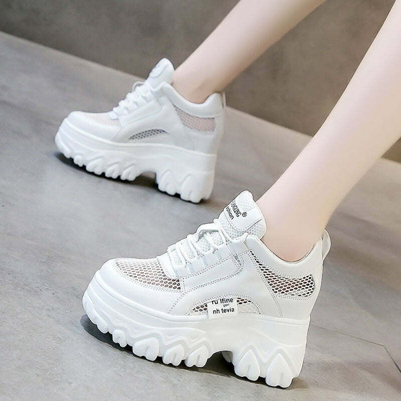 Y2K Egirl White Mesh Platform Sneakers - Retro 90s Grunge, Summer Y2K Outfits, Popstar Vibes