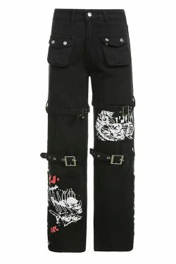 Y2K Emo Goth Black Cargo Jeans - 90s Grunge, Retro Style, Y2K Fashion, Summer Outfits