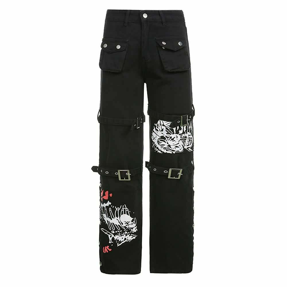 Y2K Emo Goth Black Cargo Jeans - 90s Grunge, Retro Style, Y2K Fashion, Summer Outfits